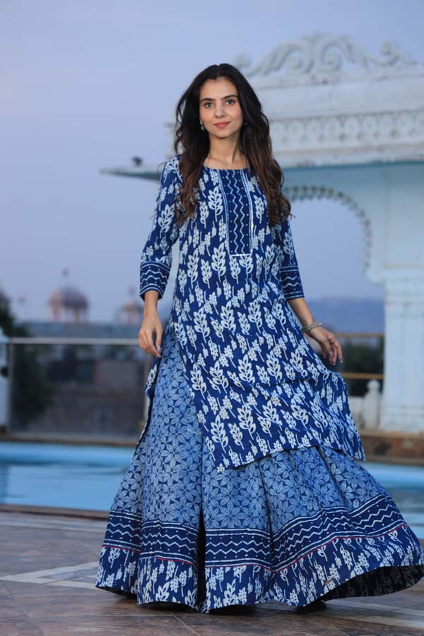 Blue Long Kurta & Skirt With Dupatta