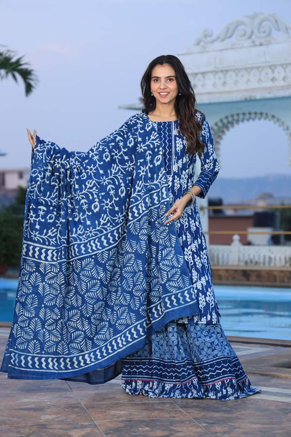 Blue Long Kurta & Skirt With Dupatta