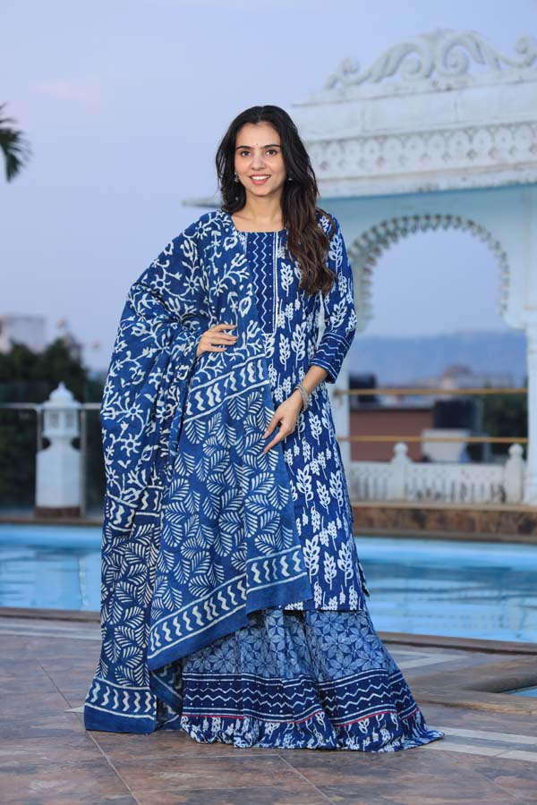 Blue Long Kurta & Skirt With Dupatta