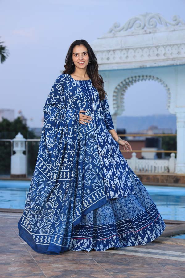 Blue Long Kurta & Skirt With Dupatta