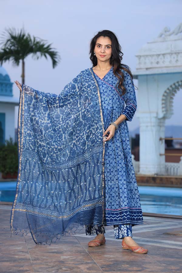 Blue Anarkali suit with Mulmul Dupatta