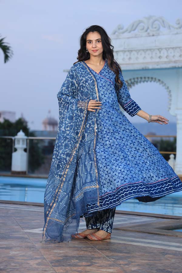 Blue Anarkali suit with Mulmul Dupatta