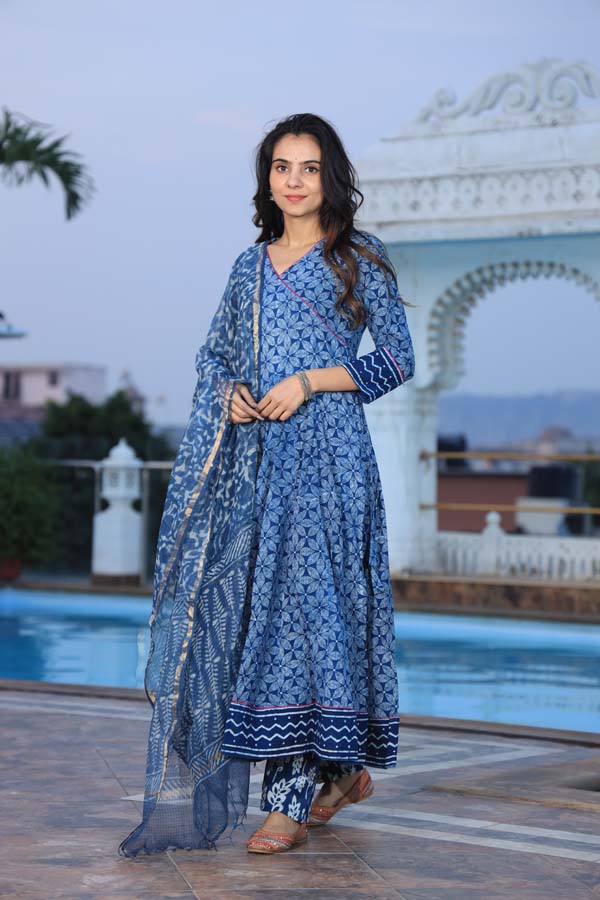 Blue Anarkali suit with Mulmul Dupatta