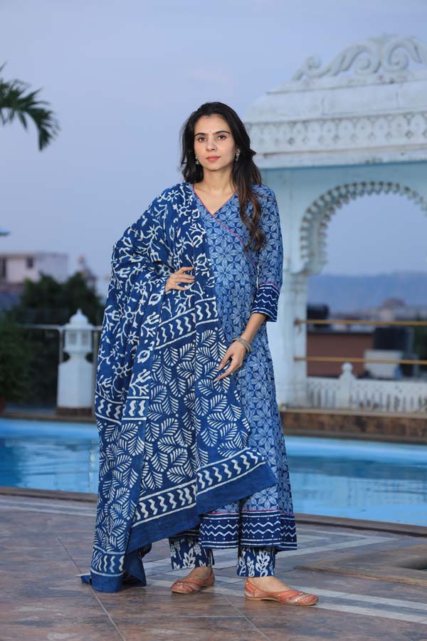 Blue Anarkali suit with Mulmul Dupatta