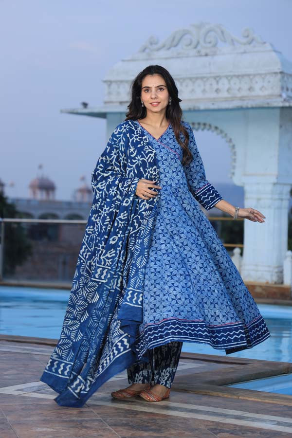 Blue Anarkali suit with Mulmul Dupatta