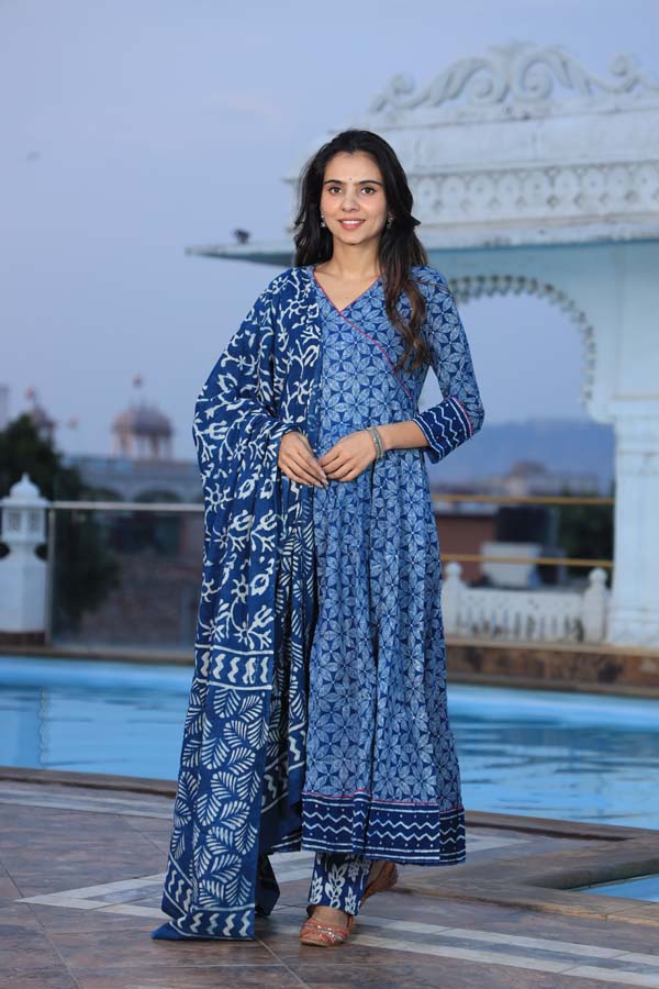 Blue Anarkali suit with Mulmul Dupatta