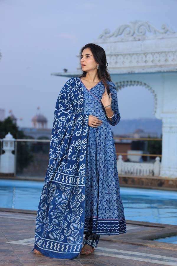 Blue Anarkali suit with Mulmul Dupatta