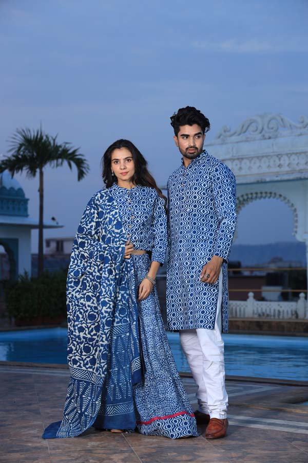 Blue Ethnic Women’s Chaniya Choli & Men’s Kurta set