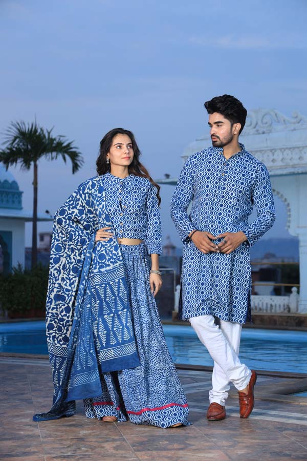 Blue Ethnic Women’s Chaniya Choli & Men’s Kurta set