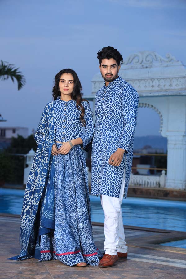 Blue Ethnic Women’s Chaniya Choli & Men’s Kurta set