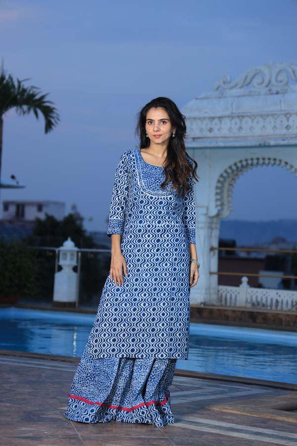 Blue Long Kurta & Skirt With Dupatta