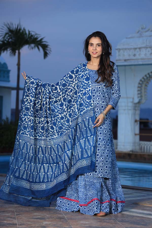 Blue Long Kurta & Skirt With Dupatta