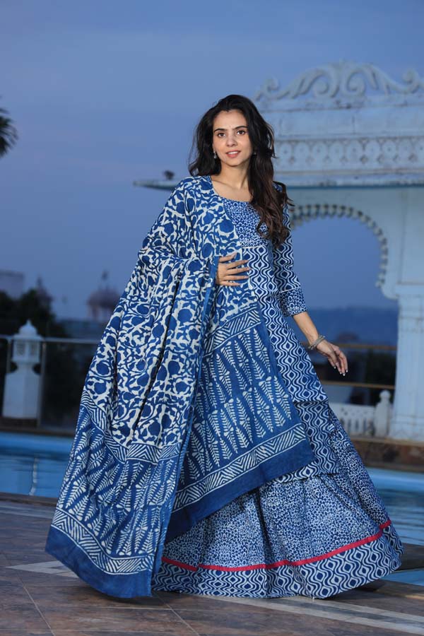 Blue Long Kurta & Skirt With Dupatta