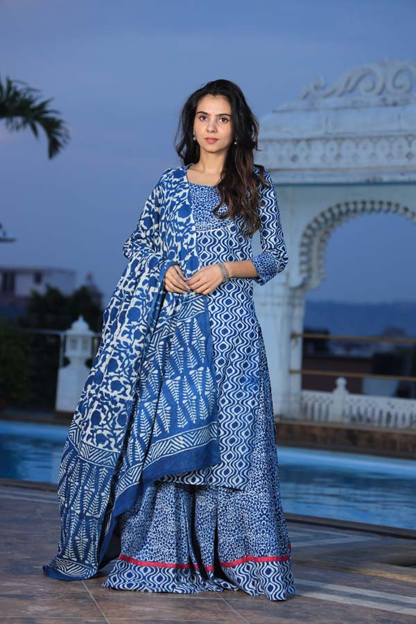 Blue Long Kurta & Skirt With Dupatta