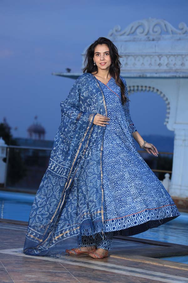 Blue Anarkali suit with Mulmul Dupatta