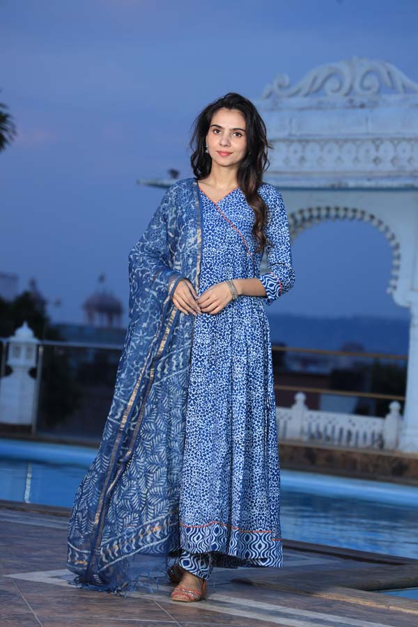 Blue Anarkali suit with Mulmul Dupatta