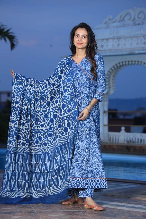 Blue Anarkali suit with Mulmul Dupatta