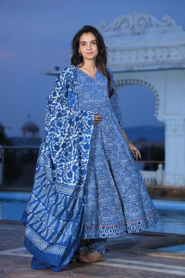 Blue Anarkali suit with Mulmul Dupatta