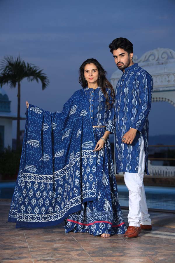 Dark Blue Ethnic Women’s Chaniya Choli & Men’s Kurta set