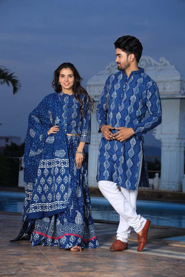 Dark Blue Ethnic Women’s Chaniya Choli & Men’s Kurta set