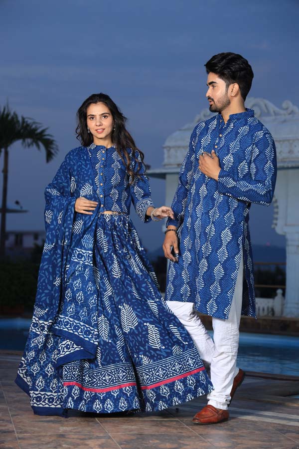 Dark Blue Ethnic Women’s Chaniya Choli & Men’s Kurta set