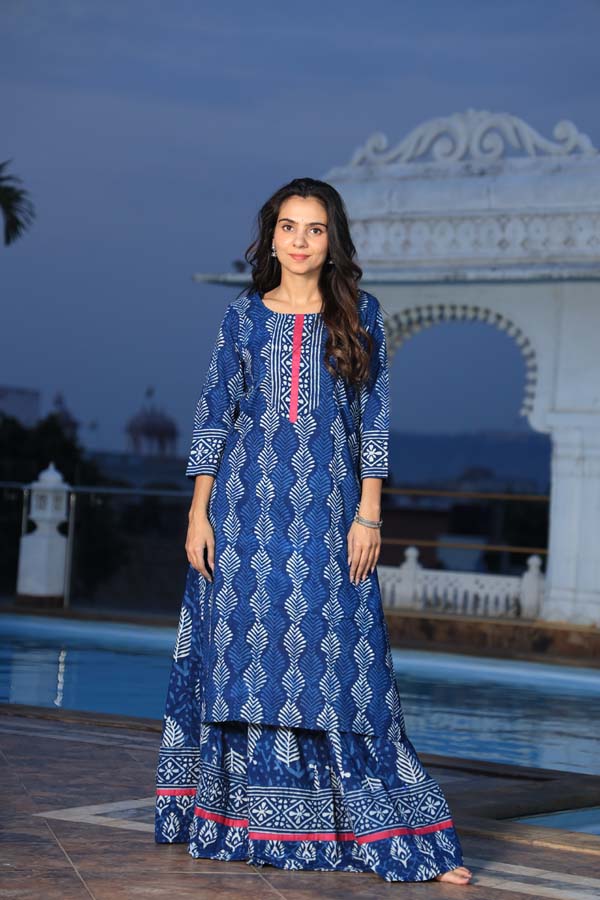 Dark Blue Long Kurta & Skirt With Dupatta