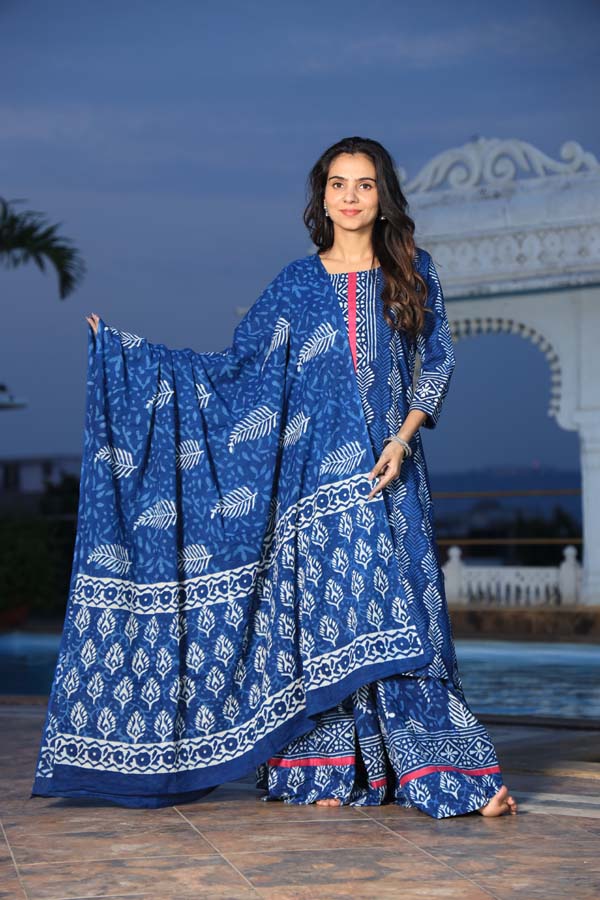 Dark Blue Long Kurta & Skirt With Dupatta