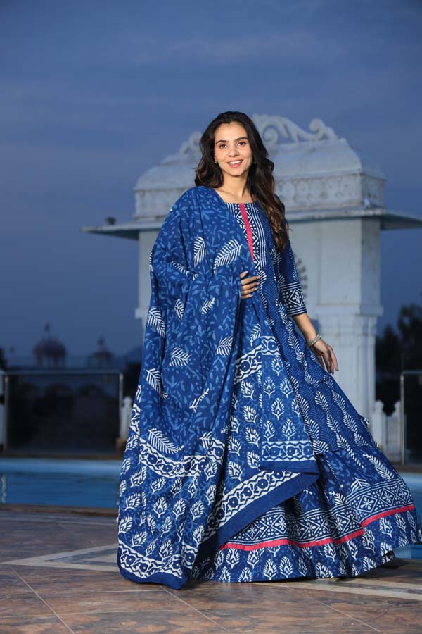 Dark Blue Long Kurta & Skirt With Dupatta