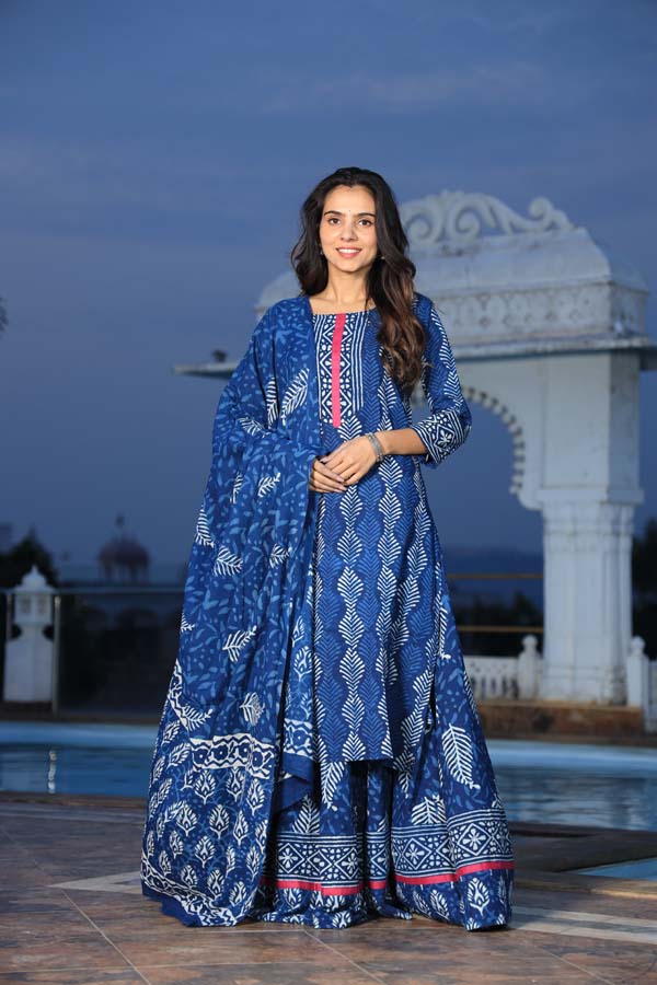 Dark Blue Long Kurta & Skirt With Dupatta