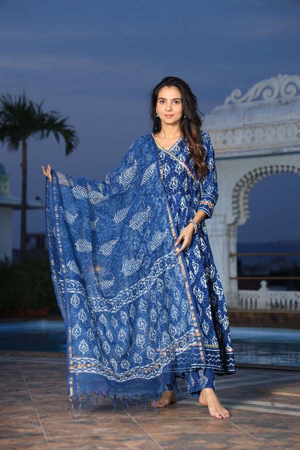 Dark Blue Anarkali suit with Mulmul Dupatta