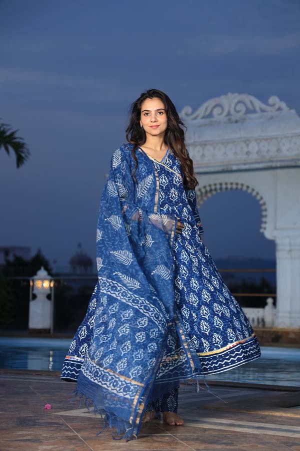 Dark Blue Anarkali suit with Mulmul Dupatta