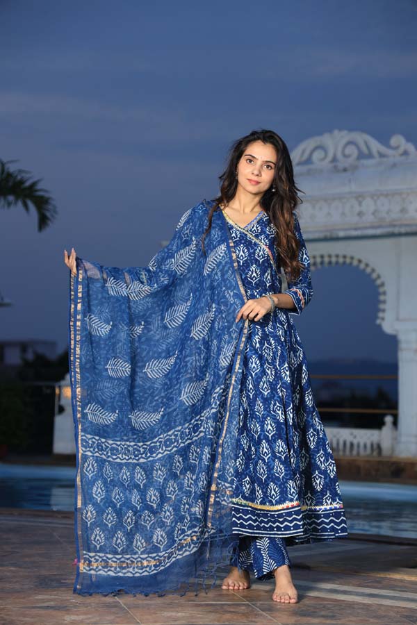 Dark Blue Anarkali suit with Mulmul Dupatta