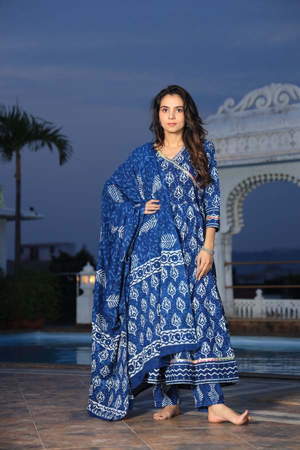 Dark Blue Anarkali suit with Mulmul Dupatta