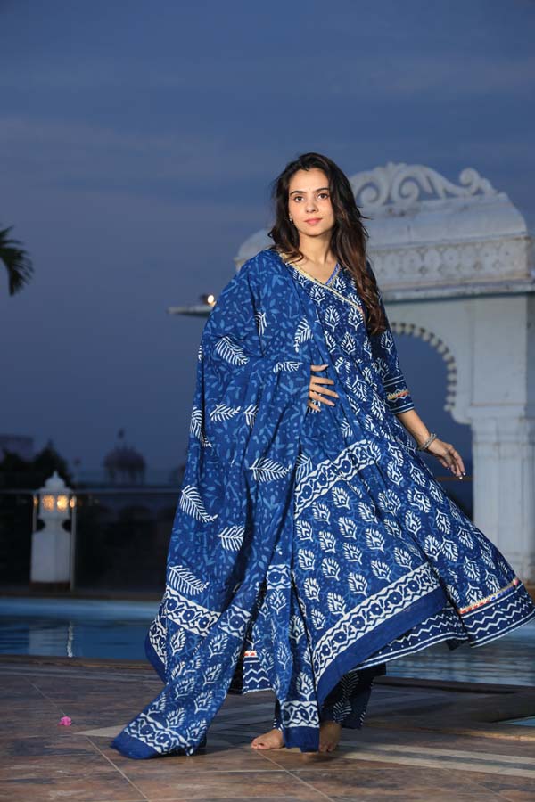 Dark Blue Anarkali suit with Mulmul Dupatta