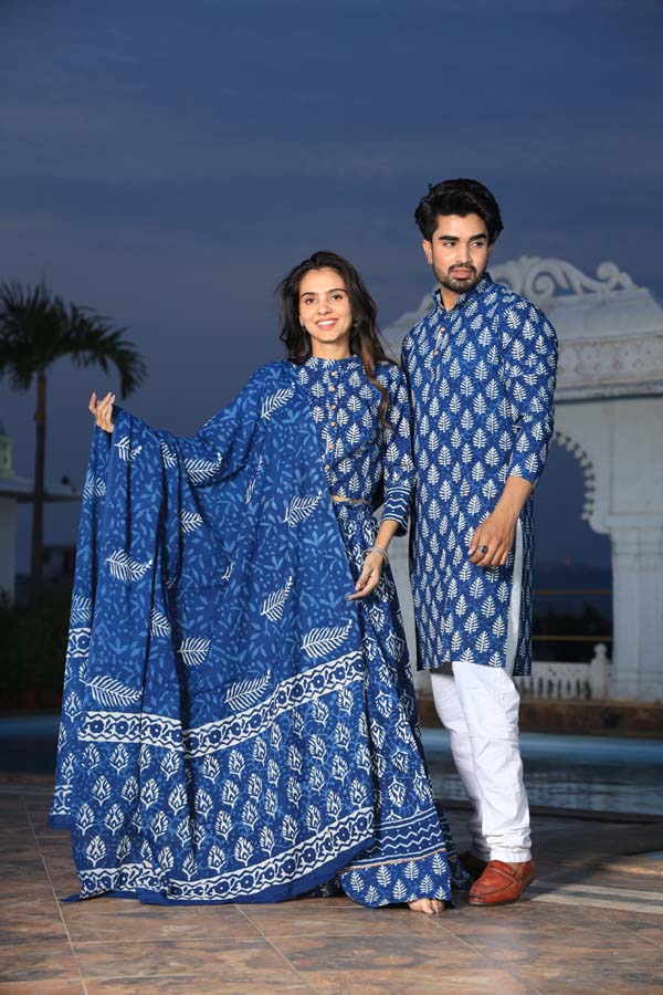 Dark Blue Ethnic Women’s Chaniya Choli & Men’s Kurta set