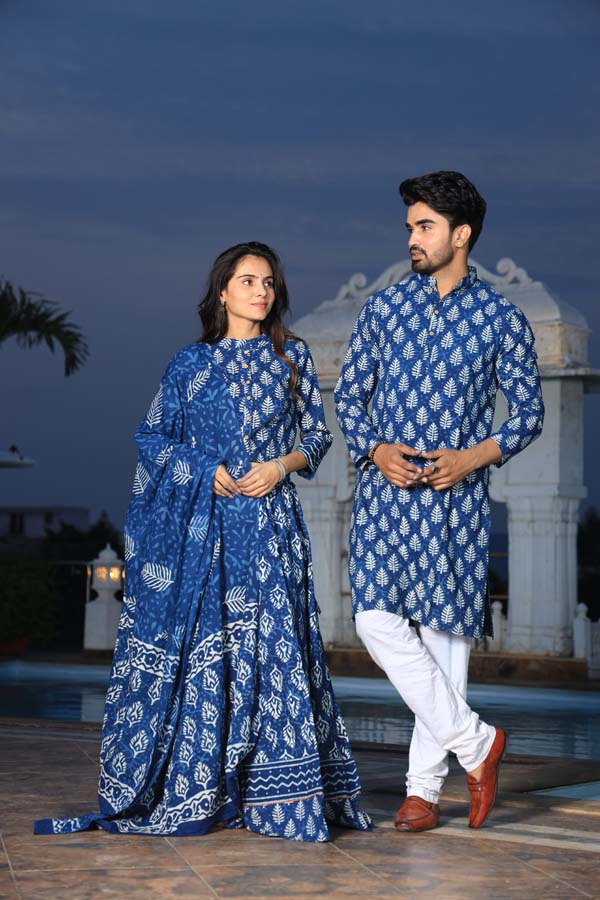 Dark Blue Ethnic Women’s Chaniya Choli & Men’s Kurta set