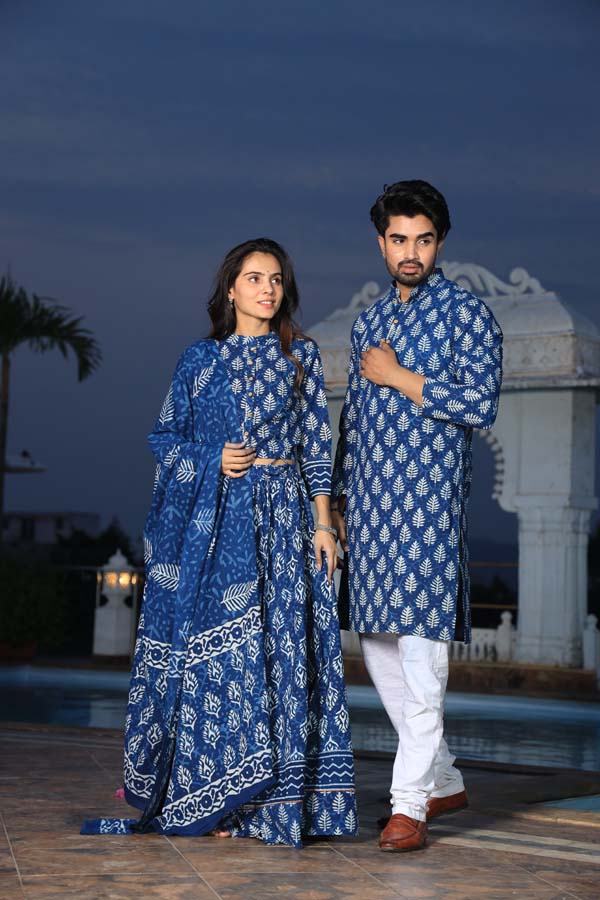 Dark Blue Ethnic Women’s Chaniya Choli & Men’s Kurta set