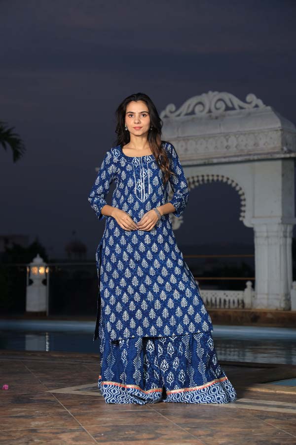 Dark Blue Long Kurta & Skirt With Dupatta