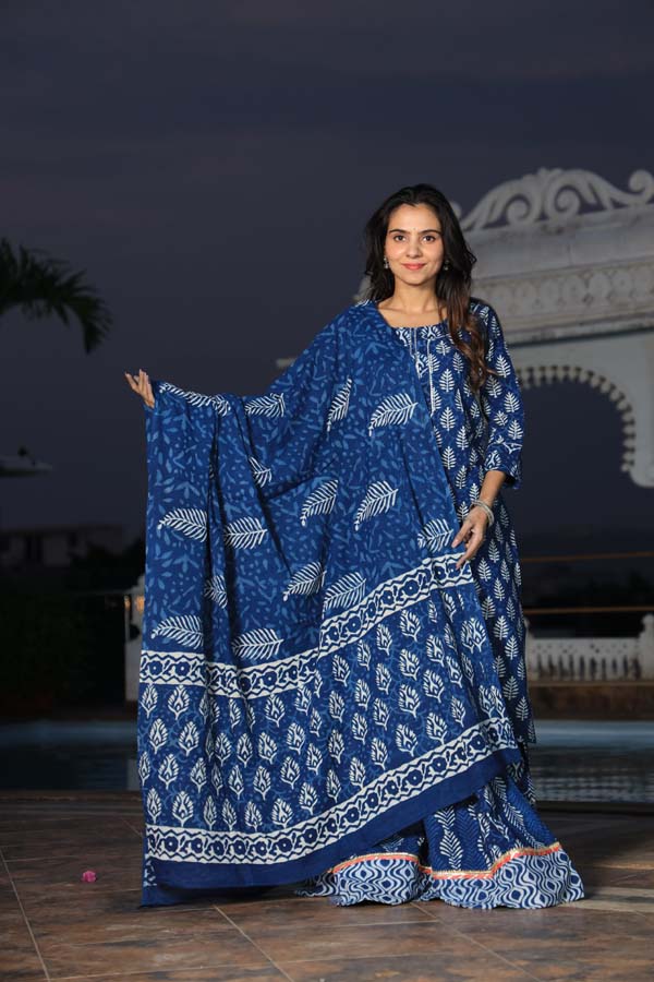 Dark Blue Long Kurta & Skirt With Dupatta