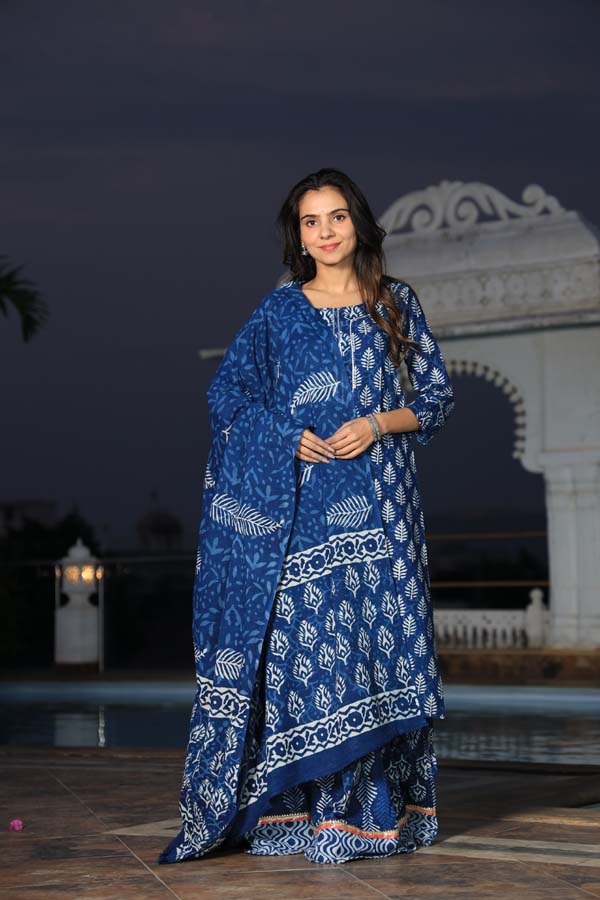 Dark Blue Long Kurta & Skirt With Dupatta