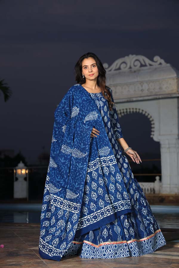 Dark Blue Long Kurta & Skirt With Dupatta