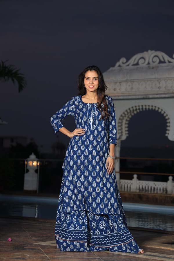 Dark Blue Long Kurta & Skirt With Dupatta