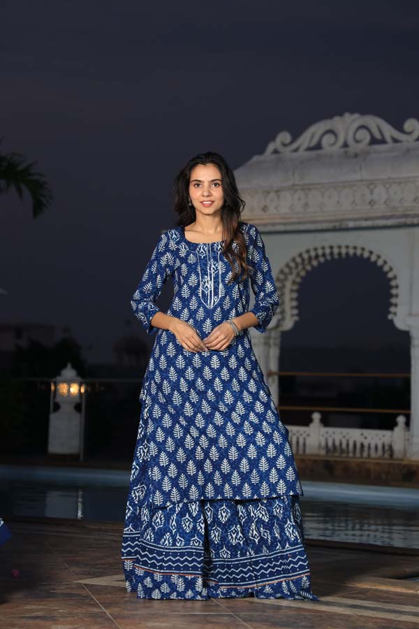 Dark Blue Long Kurta & Skirt With Dupatta