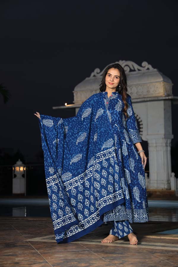 Dark Blue Anarkali suit with Mulmul Dupatta