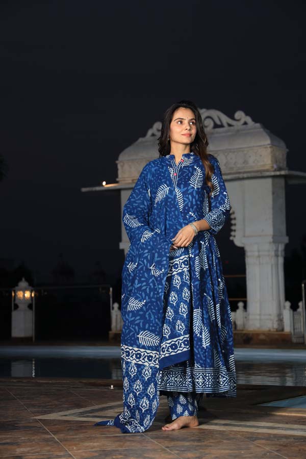 Dark Blue Anarkali suit with Mulmul Dupatta