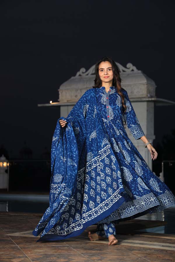 Dark Blue Anarkali suit with Mulmul Dupatta