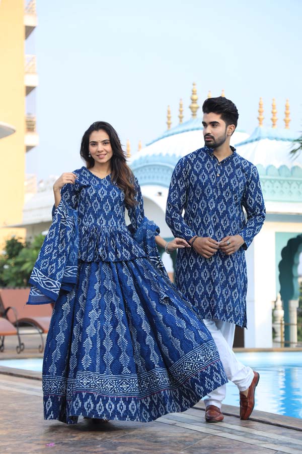 Dark Blue Ethnic Women’s Chaniya Choli & Men’s Kurta set