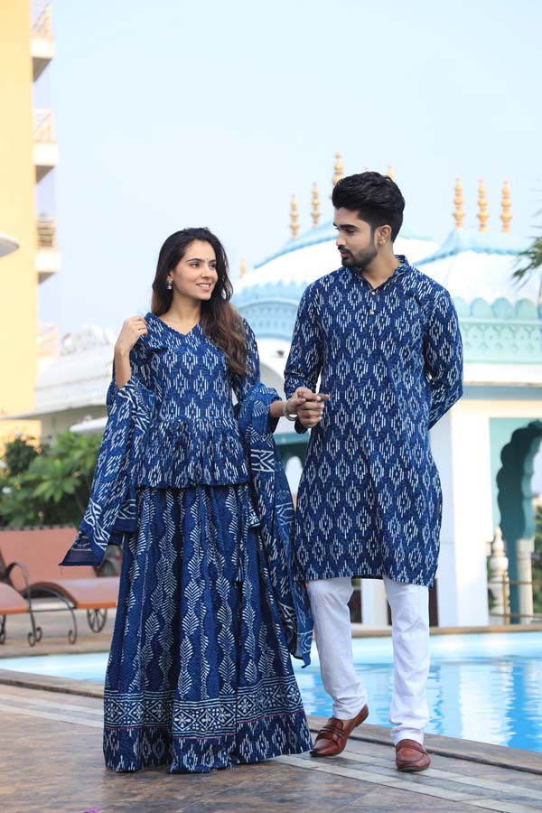 Dark Blue Ethnic Women’s Chaniya Choli & Men’s Kurta set