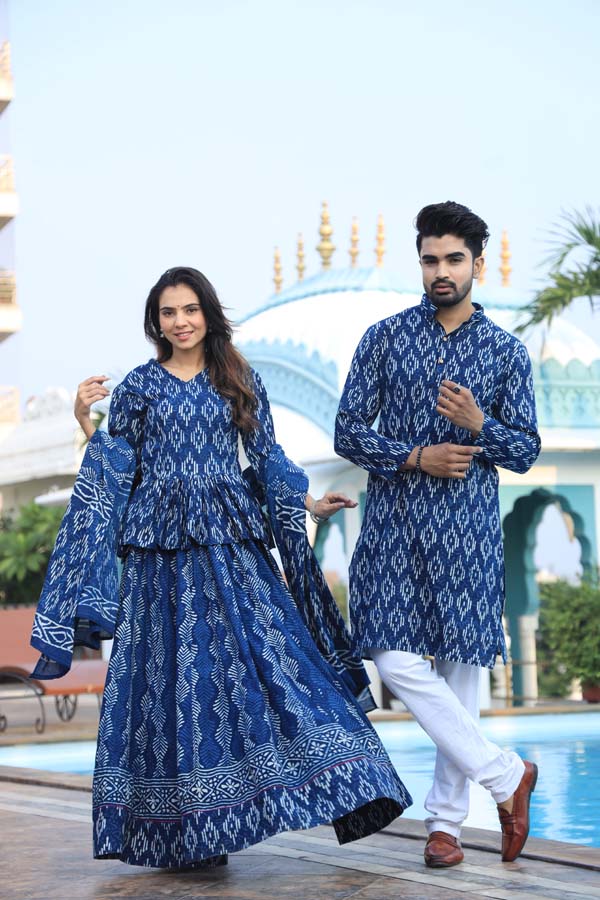 Dark Blue Ethnic Women’s Chaniya Choli & Men’s Kurta set