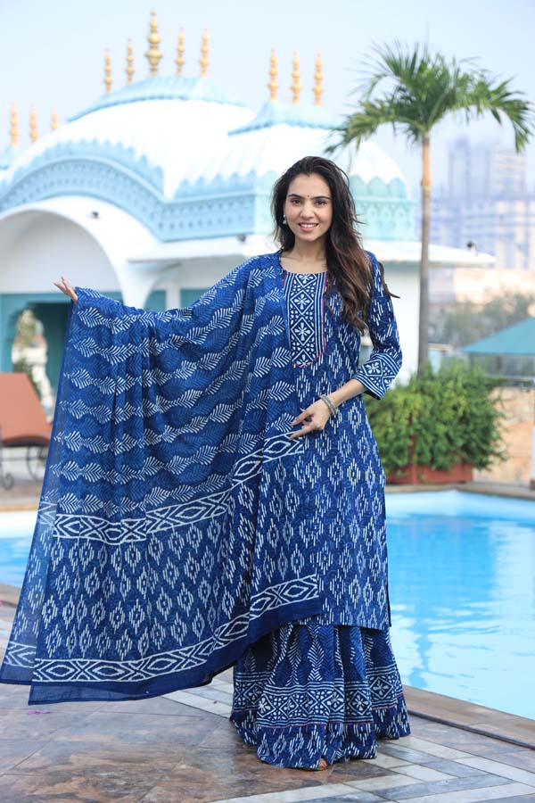 Dark Blue Long Kurta & Skirt With Dupatta